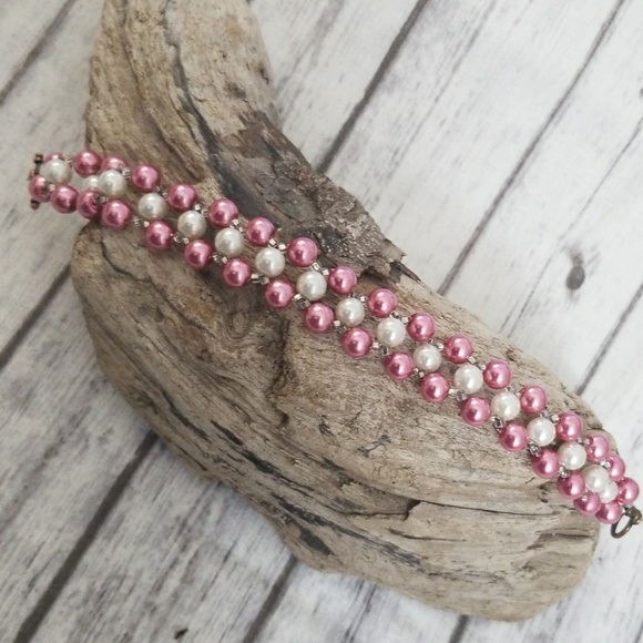 Pink & white glass pearl beaded bracelet - Picture 2 of 8
